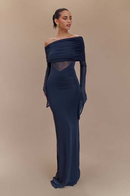 Kaitlin One Shoulder Slinky And Mesh Maxi Dress - Midnight Blue-My Chic Way.All Rights Reserved