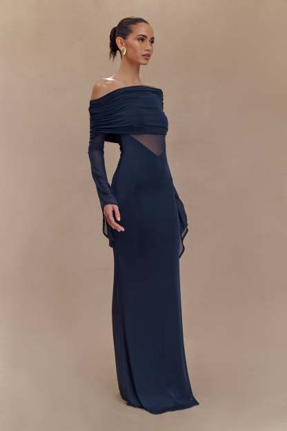 Kaitlin One Shoulder Slinky And Mesh Maxi Dress - Midnight Blue-My Chic Way.All Rights Reserved