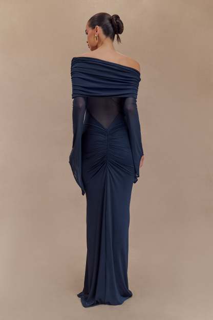 Kaitlin One Shoulder Slinky And Mesh Maxi Dress - Midnight Blue-My Chic Way.All Rights Reserved