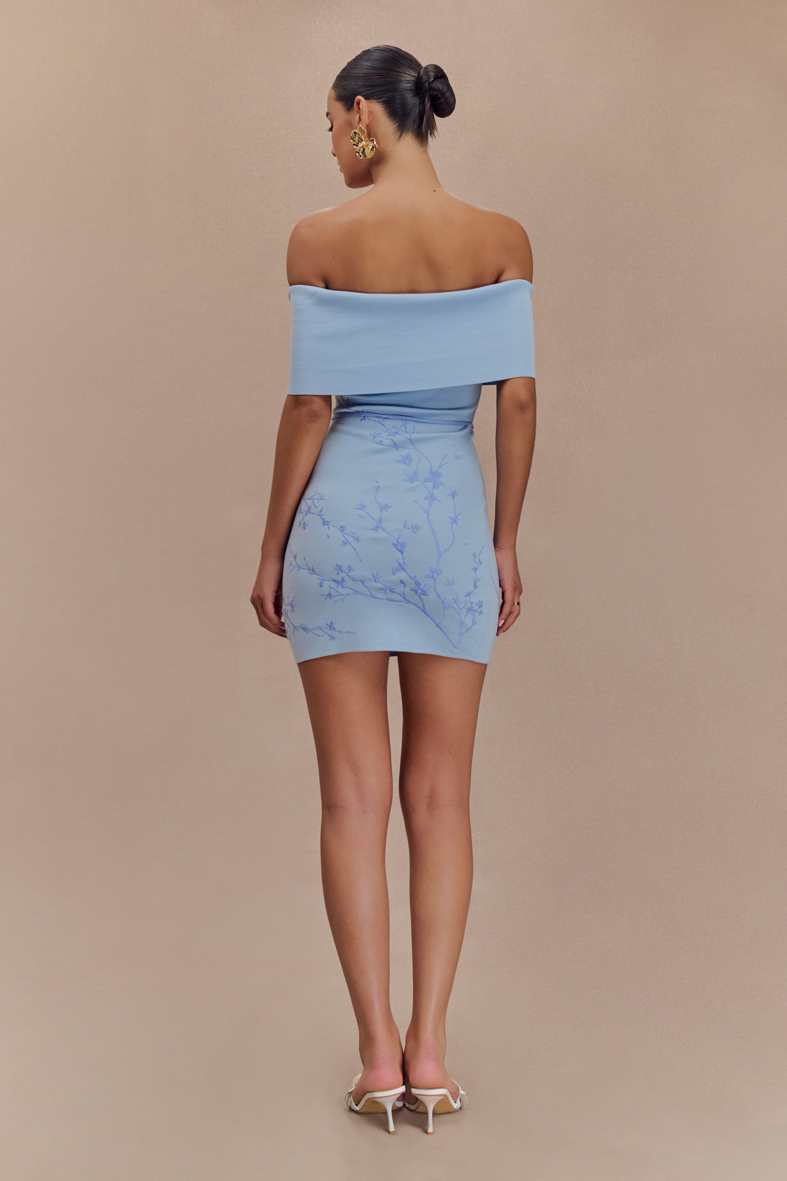 Mallory Off Shoulder Embroidered Knit Mini Dress - Ice Blue-My Chic Way.All Rights Reserved
