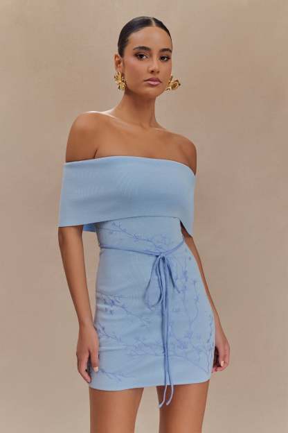 Mallory Off Shoulder Embroidered Knit Mini Dress - Ice Blue-My Chic Way.All Rights Reserved