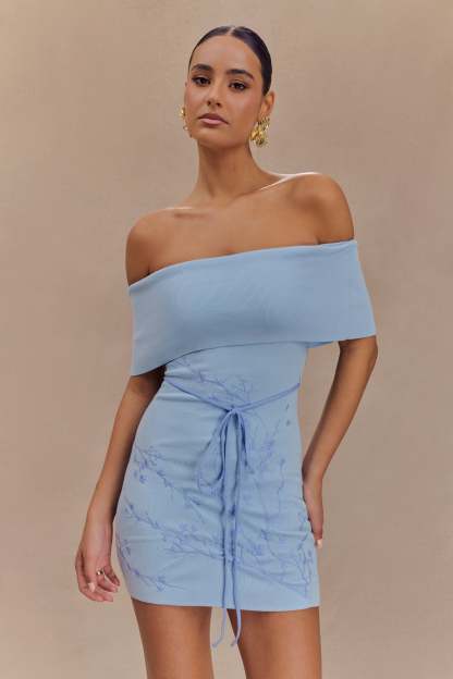Mallory Off Shoulder Embroidered Knit Mini Dress - Ice Blue-My Chic Way.All Rights Reserved