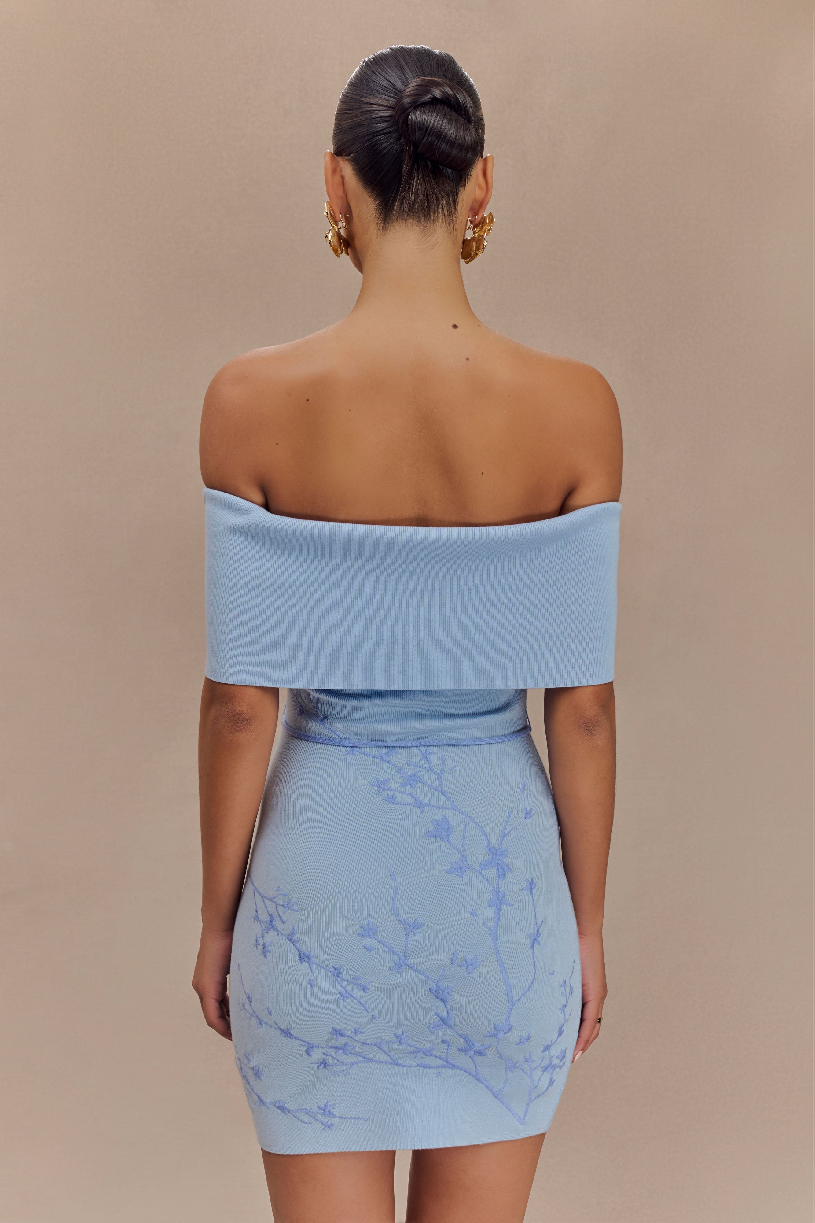 Mallory Off Shoulder Embroidered Knit Mini Dress - Ice Blue-My Chic Way.All Rights Reserved