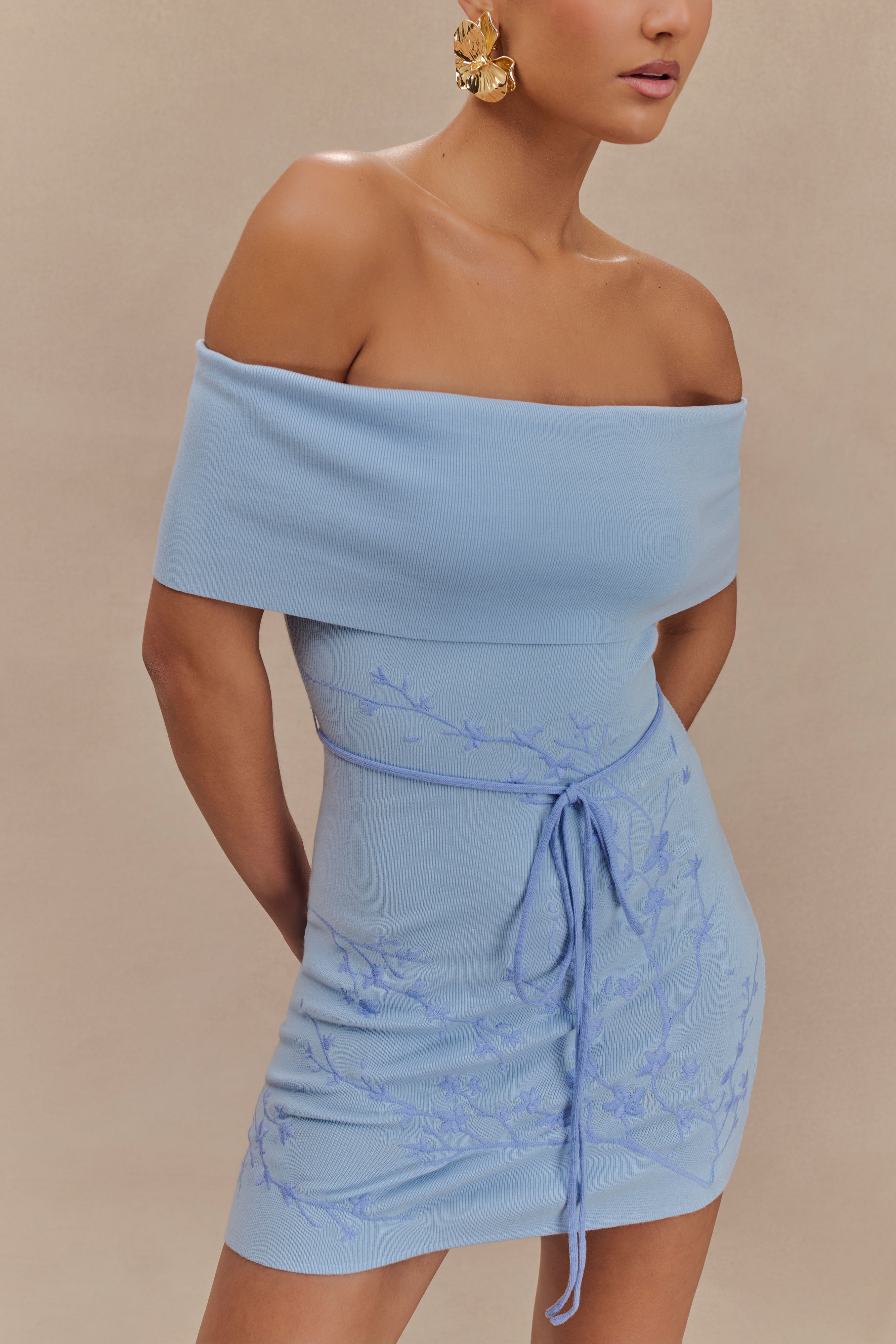 Mallory Off Shoulder Embroidered Knit Mini Dress - Ice Blue-My Chic Way.All Rights Reserved