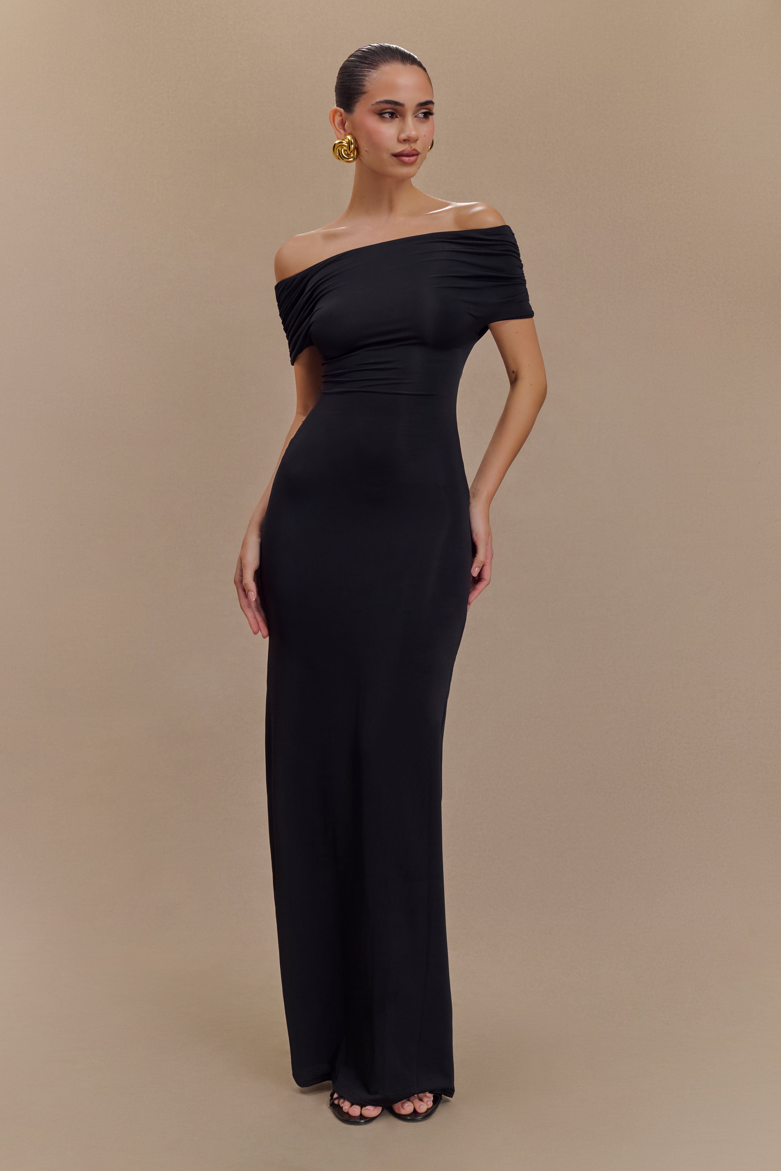 Imogen Off Shoulder Slinky Maxi Dress - Black-My Chic Way.All Rights Reserved
