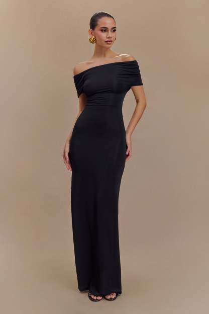 Imogen Off Shoulder Slinky Maxi Dress - Black-My Chic Way.All Rights Reserved