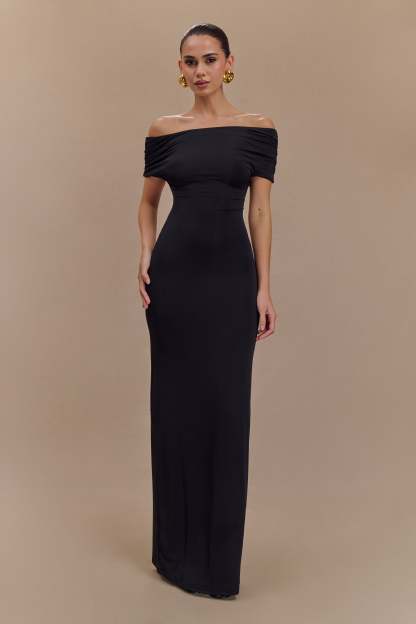 Imogen Off Shoulder Slinky Maxi Dress - Black-My Chic Way.All Rights Reserved