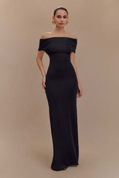 Imogen Off Shoulder Slinky Maxi Dress - Black-My Chic Way.All Rights Reserved