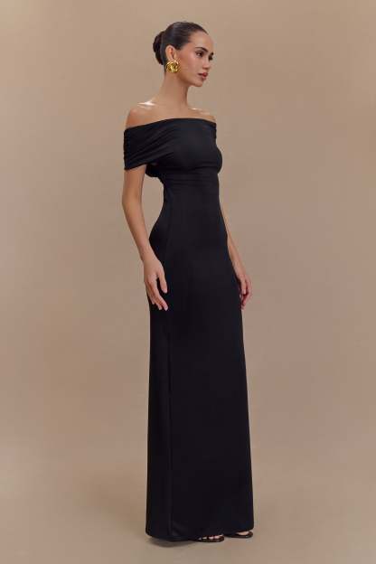Imogen Off Shoulder Slinky Maxi Dress - Black-My Chic Way.All Rights Reserved