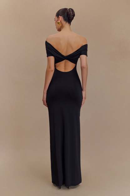 Imogen Off Shoulder Slinky Maxi Dress - Black-My Chic Way.All Rights Reserved
