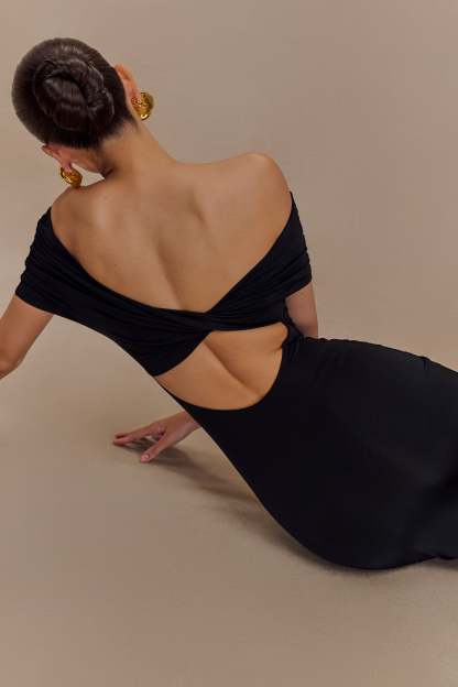 Imogen Off Shoulder Slinky Maxi Dress - Black-My Chic Way.All Rights Reserved