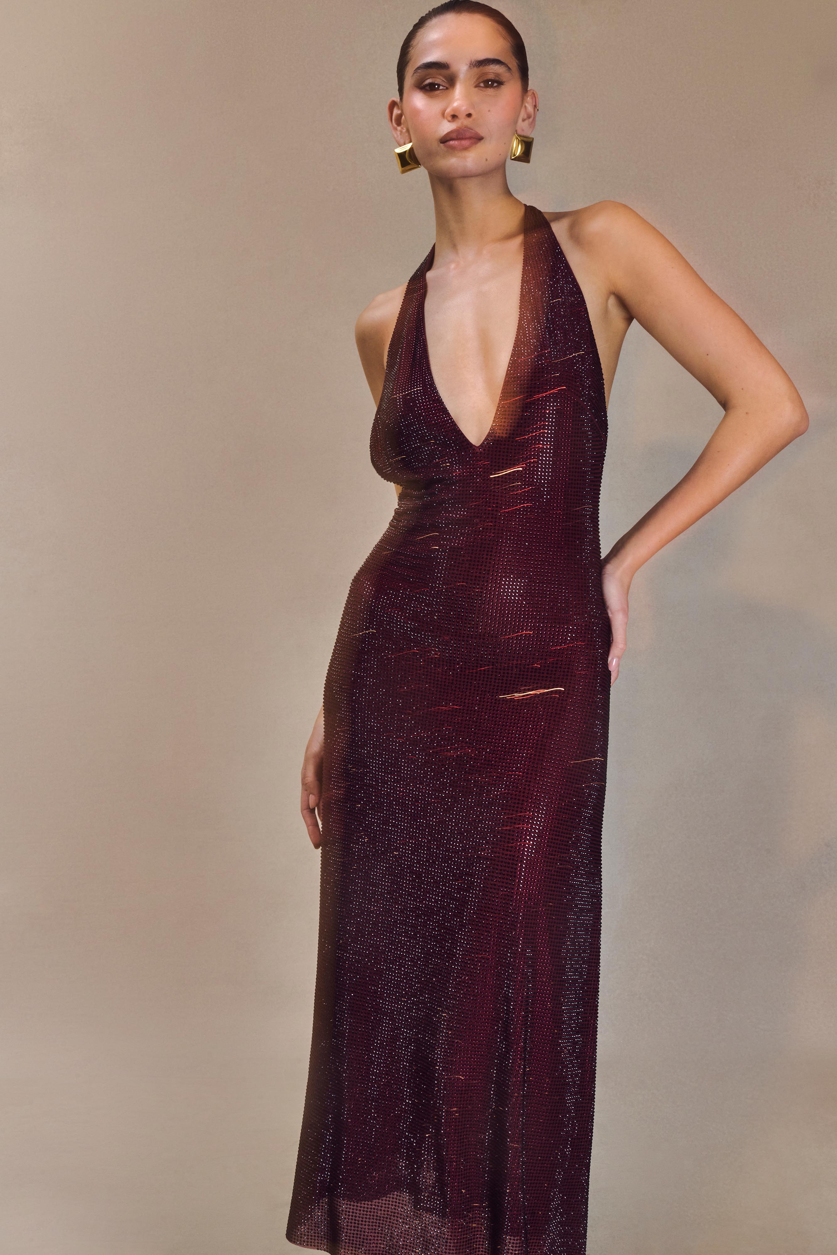 Genie Diamante Halter Midi Dress - Mahogany-My Chic Way.All Rights Reserved