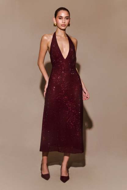 Genie Diamante Halter Midi Dress - Mahogany-My Chic Way.All Rights Reserved