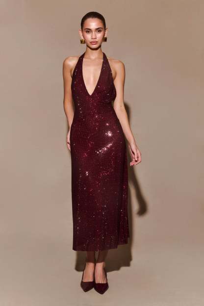 Genie Diamante Halter Midi Dress - Mahogany-My Chic Way.All Rights Reserved