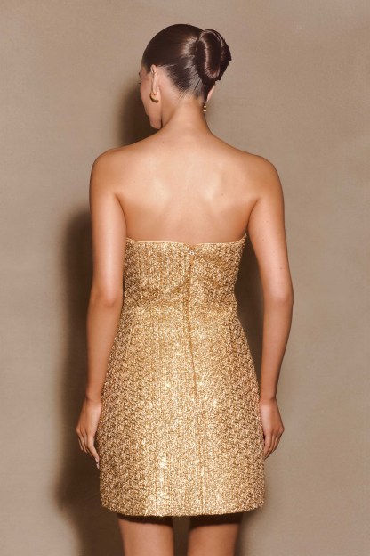 Gala Strapless Tweed Mini Dress - Gold-My Chic Way.All Rights Reserved