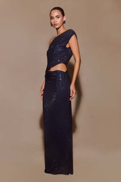 Kenny Diamante One Shoulder Maxi Dress - Navy-My Chic Way.All Rights Reserved
