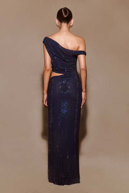 Kenny Diamante One Shoulder Maxi Dress - Navy-My Chic Way.All Rights Reserved