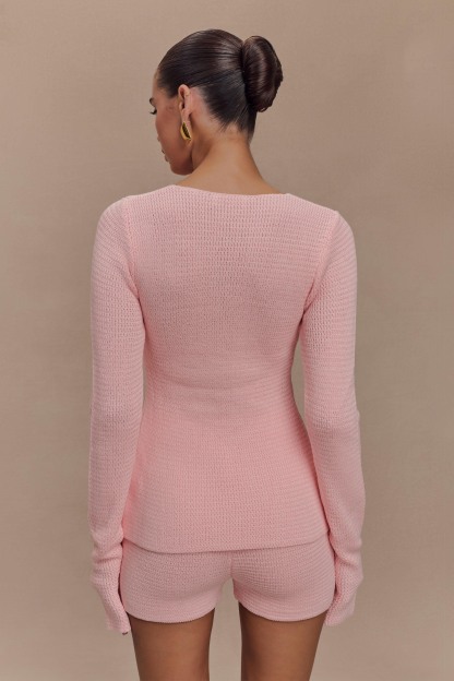 Noah Knit Tie Long Sleeve Top - Baby Pink-My Chic Way.All Rights Reserved
