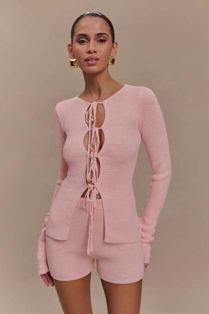 Noah Knit Tie Long Sleeve Top - Baby Pink-My Chic Way.All Rights Reserved