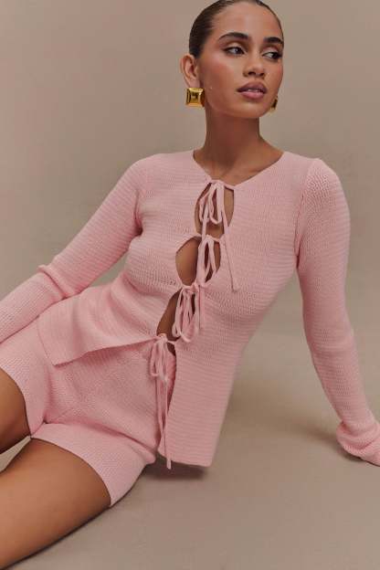 Noah Knit Tie Long Sleeve Top - Baby Pink-My Chic Way.All Rights Reserved
