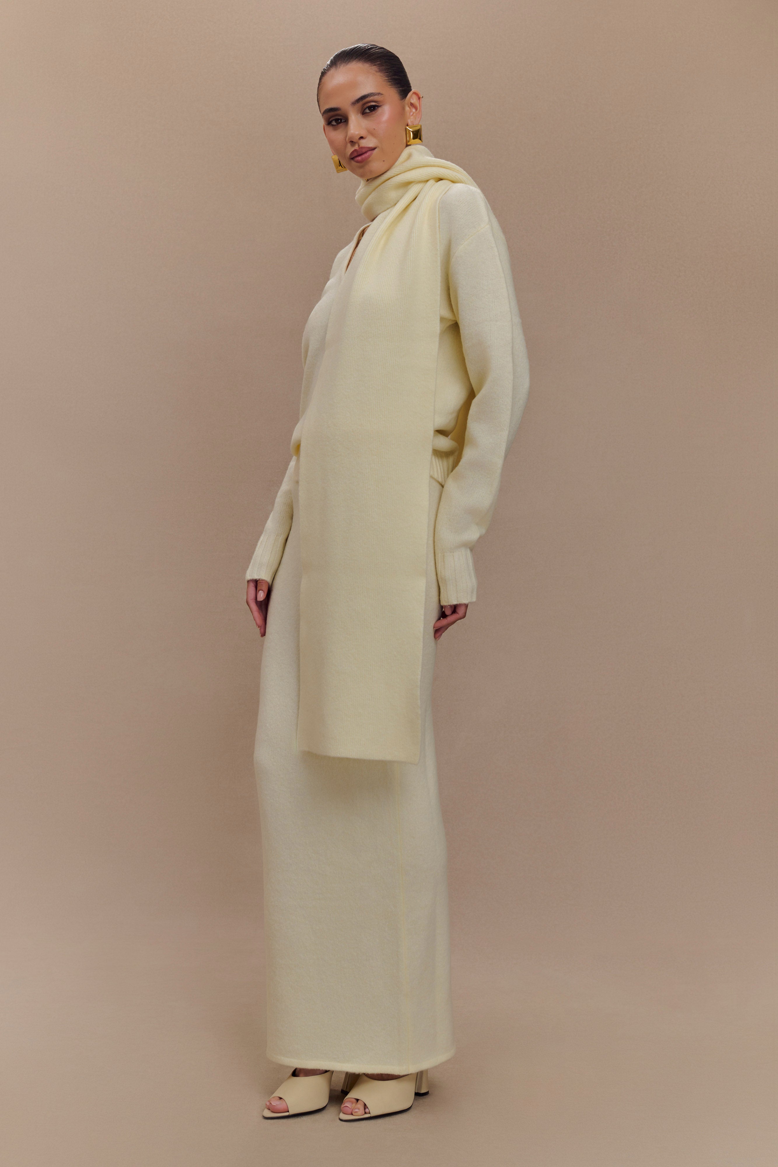 Ella V Neck Knit Jumper With Scarf - Ivory Marle-My Chic Way.All Rights Reserved