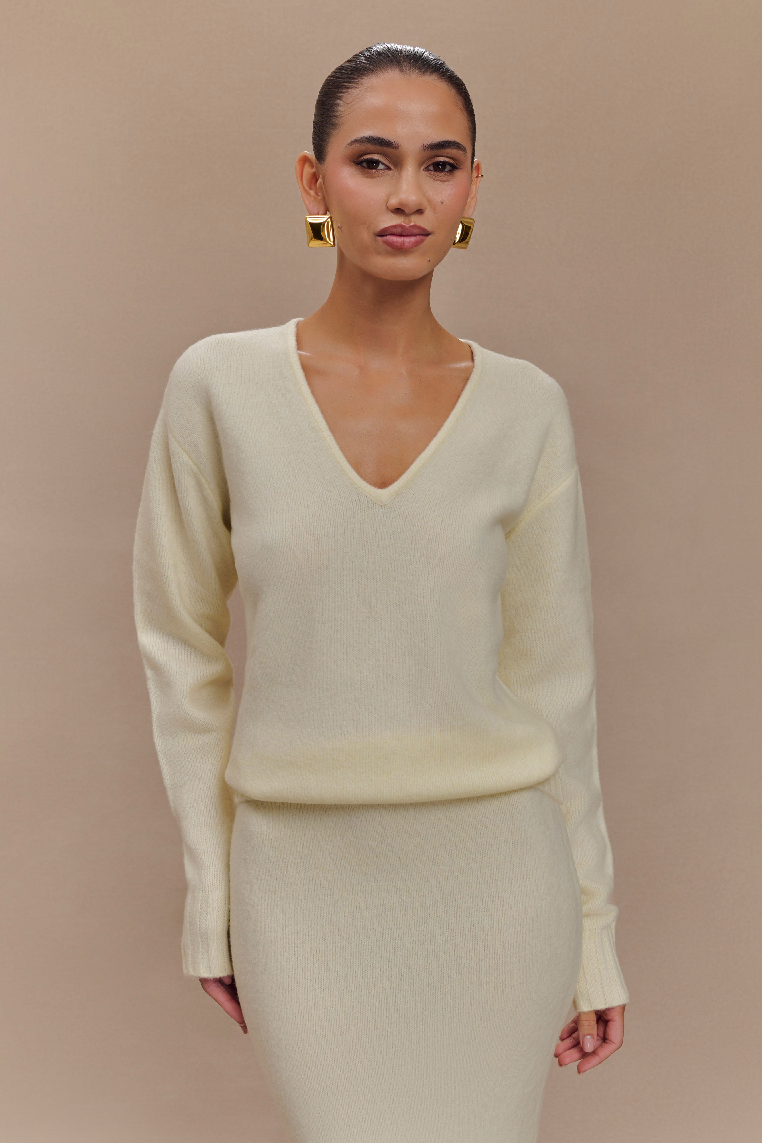 Ella V Neck Knit Jumper With Scarf - Ivory Marle-My Chic Way.All Rights Reserved