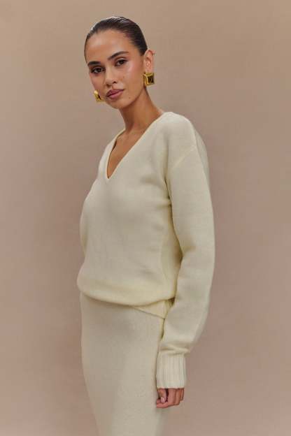 Ella V Neck Knit Jumper With Scarf - Ivory Marle-My Chic Way.All Rights Reserved