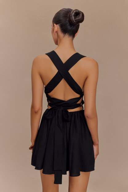 Loz Tie Back Linen Mini Dress - Black-My Chic Way.All Rights Reserved