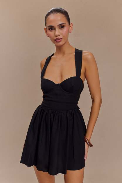 Loz Tie Back Linen Mini Dress - Black-My Chic Way.All Rights Reserved