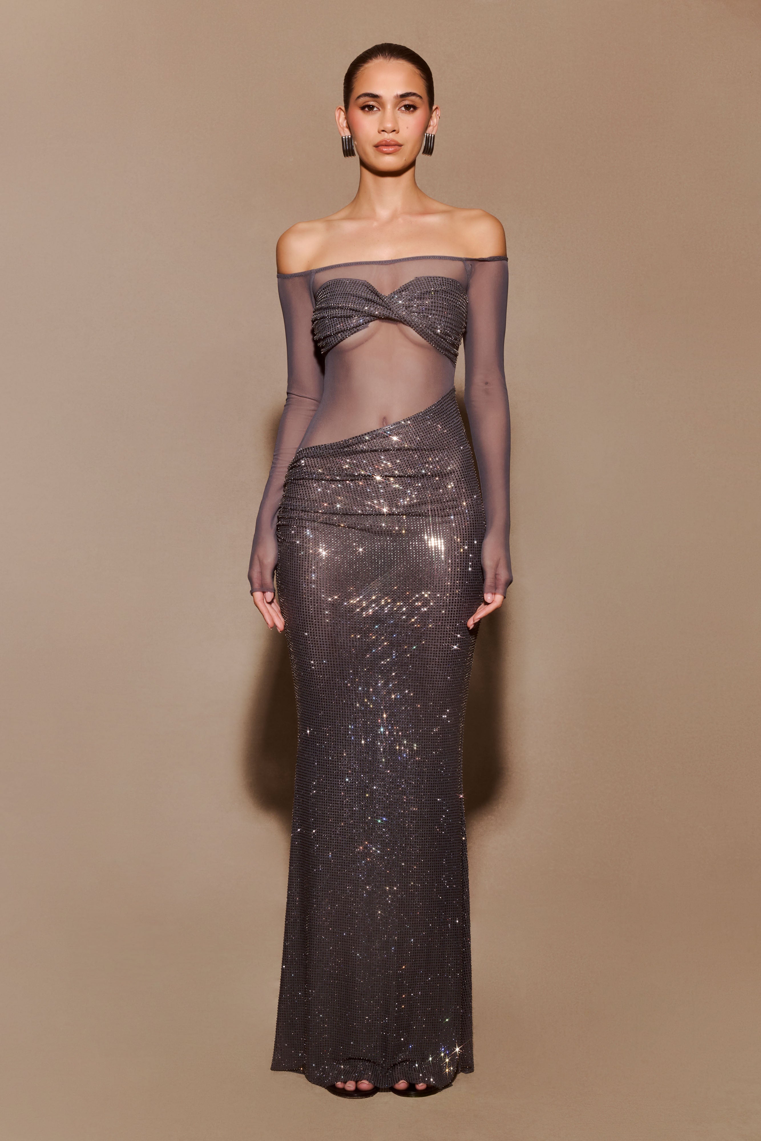 Nash Diamante Off Shoulder Maxi Dress - Gunmetal-My Chic Way.All Rights Reserved