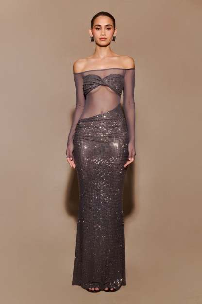 Nash Diamante Off Shoulder Maxi Dress - Gunmetal-My Chic Way.All Rights Reserved