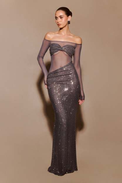 Nash Diamante Off Shoulder Maxi Dress - Gunmetal-My Chic Way.All Rights Reserved