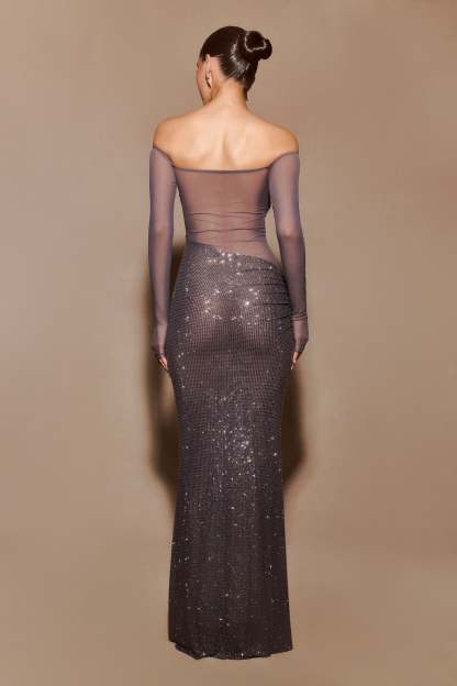 Nash Diamante Off Shoulder Maxi Dress - Gunmetal-My Chic Way.All Rights Reserved