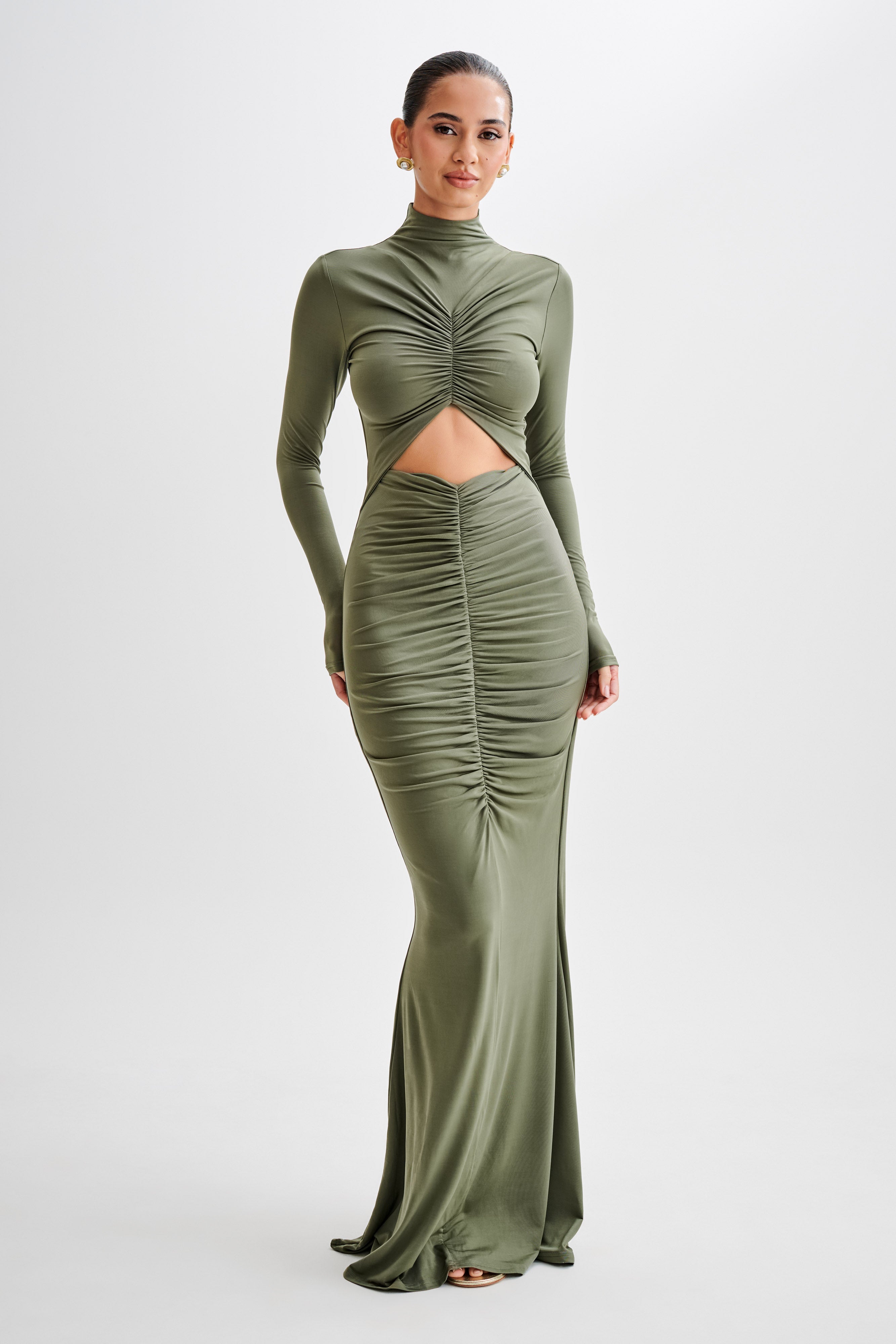 Pia Slinky Long Sleeve Cutout Maxi Dress - Military Olive-My Chic Way.All Rights Reserved
