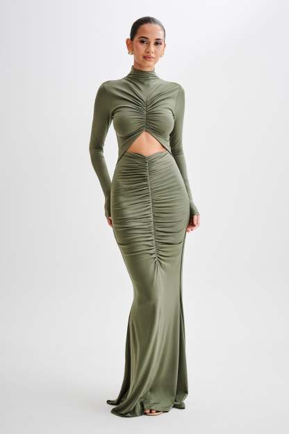 Pia Slinky Long Sleeve Cutout Maxi Dress - Military Olive-My Chic Way.All Rights Reserved