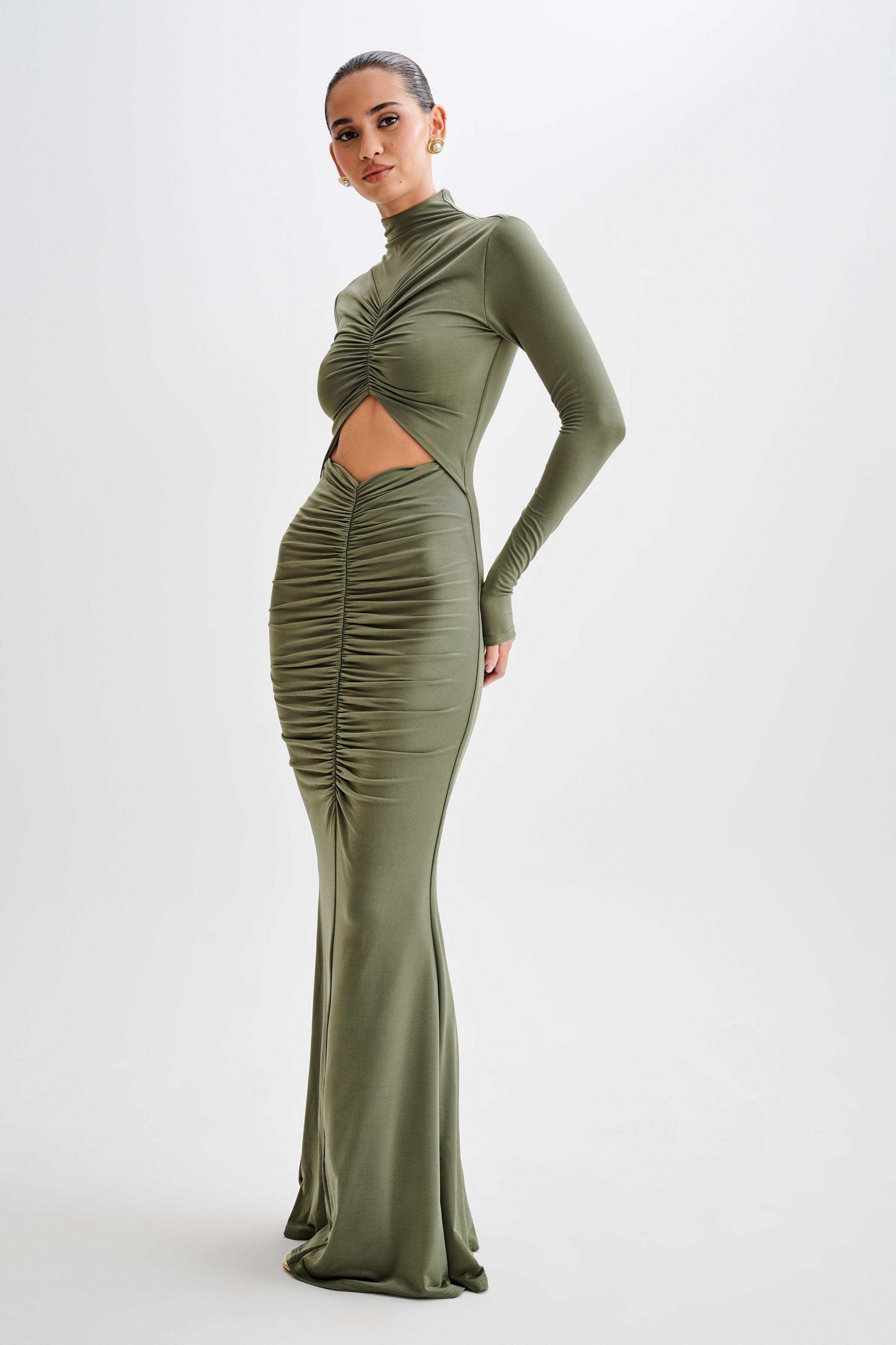 Pia Slinky Long Sleeve Cutout Maxi Dress - Military Olive-My Chic Way.All Rights Reserved