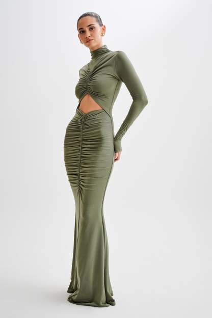 Pia Slinky Long Sleeve Cutout Maxi Dress - Military Olive-My Chic Way.All Rights Reserved