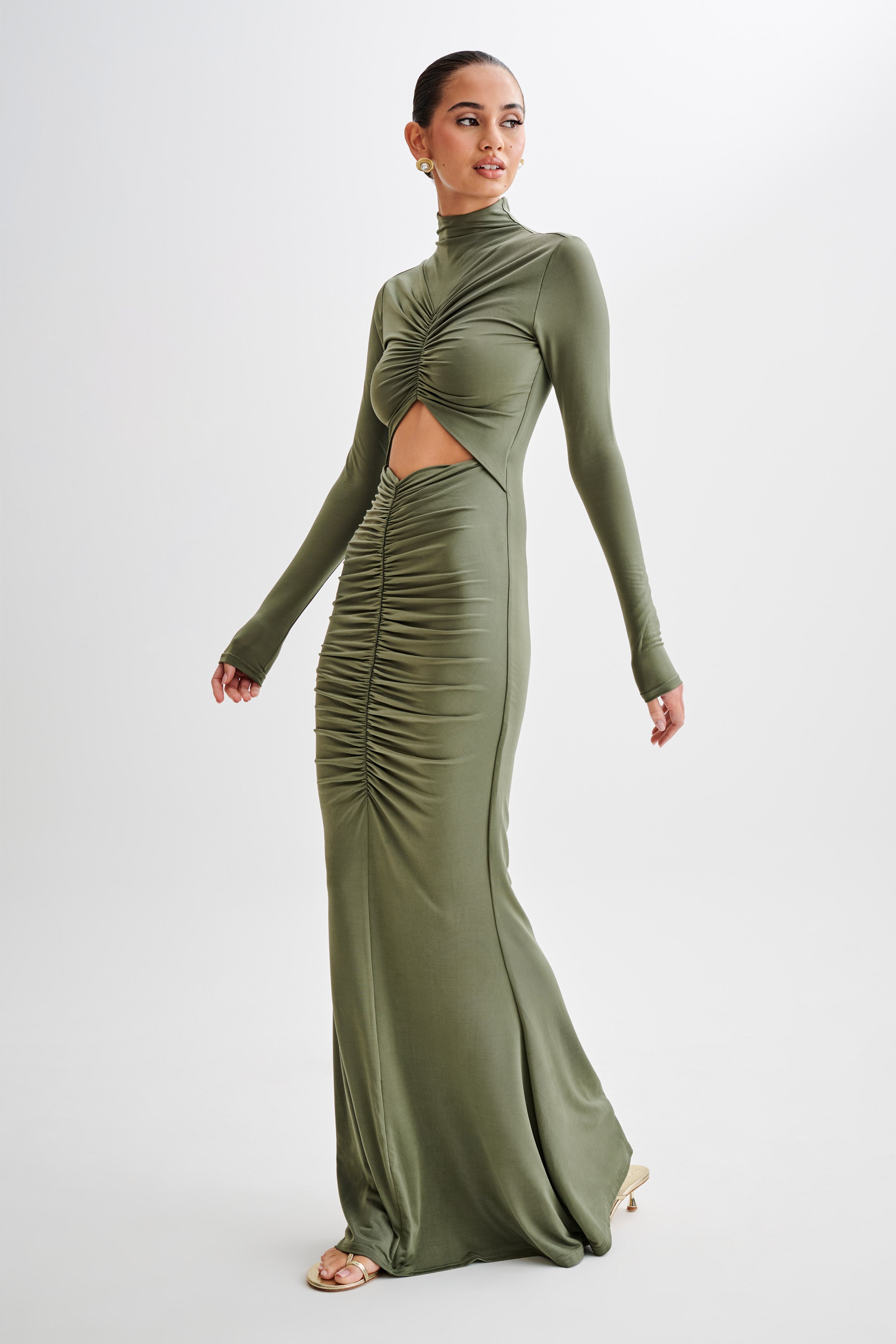 Pia Slinky Long Sleeve Cutout Maxi Dress - Military Olive-My Chic Way.All Rights Reserved