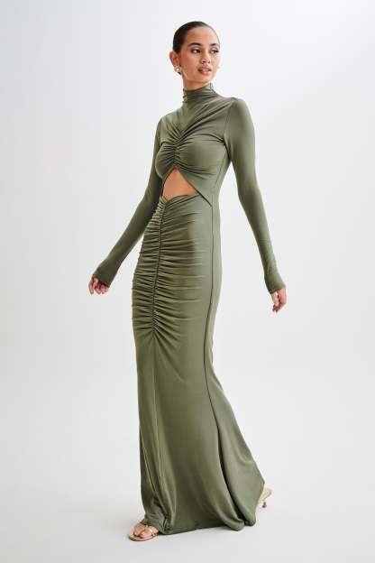 Pia Slinky Long Sleeve Cutout Maxi Dress - Military Olive-My Chic Way.All Rights Reserved