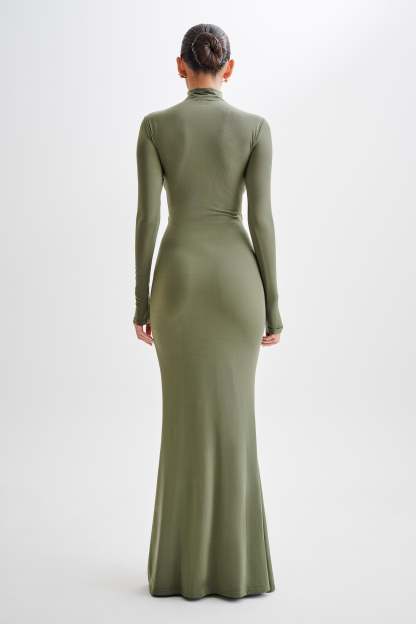 Pia Slinky Long Sleeve Cutout Maxi Dress - Military Olive-My Chic Way.All Rights Reserved
