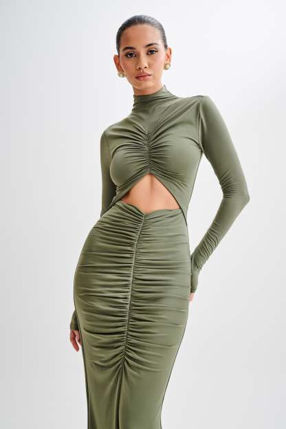 Pia Slinky Long Sleeve Cutout Maxi Dress - Military Olive-My Chic Way.All Rights Reserved