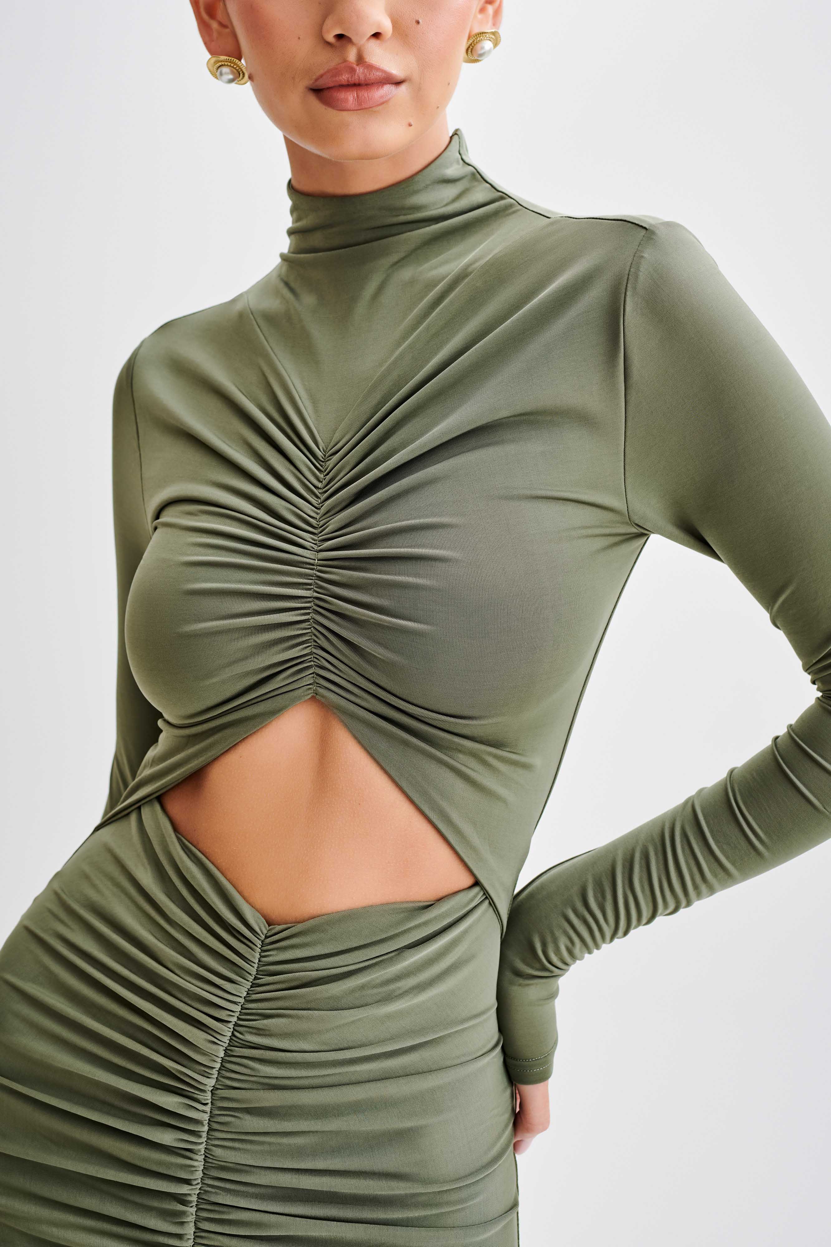 Pia Slinky Long Sleeve Cutout Maxi Dress - Military Olive-My Chic Way.All Rights Reserved