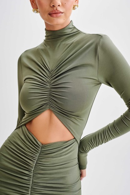 Pia Slinky Long Sleeve Cutout Maxi Dress - Military Olive-My Chic Way.All Rights Reserved