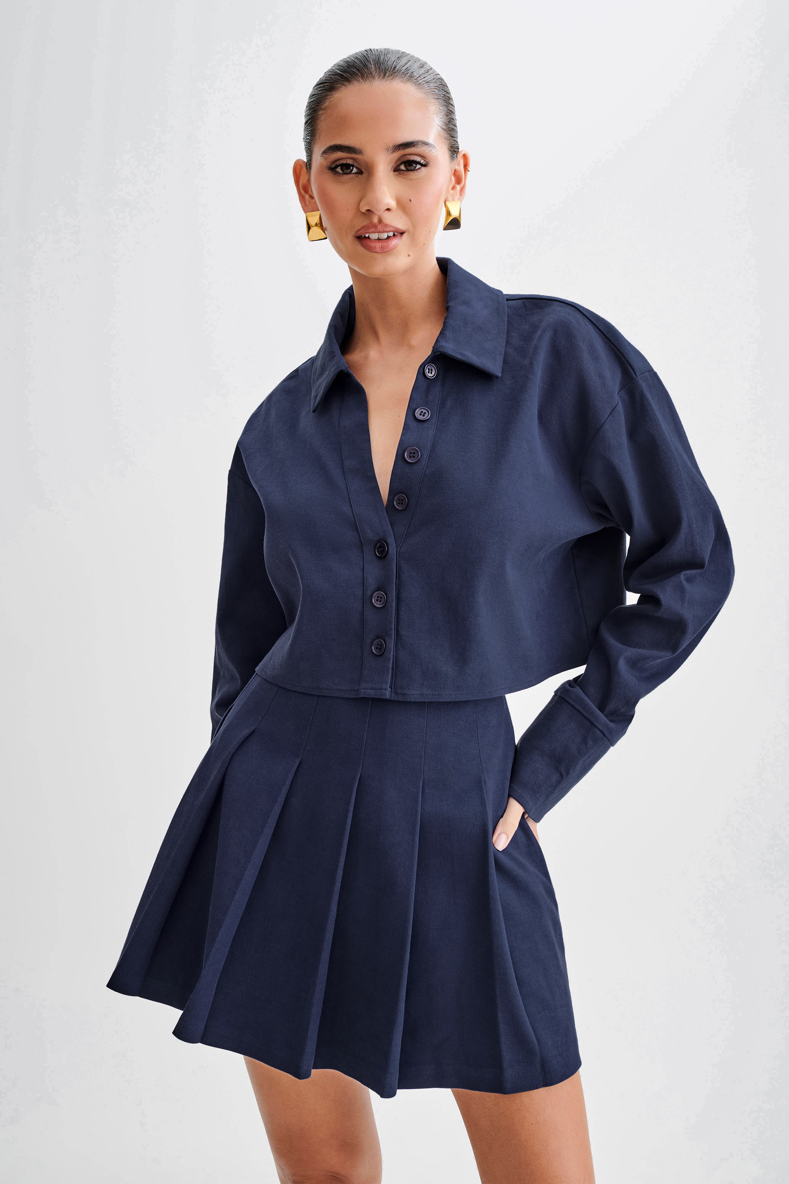 Julianna Cotton Button Up Shirt - Navy-My Chic Way.All Rights Reserved