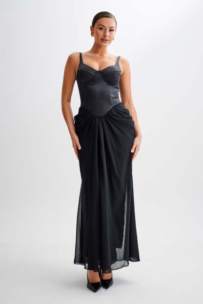 Leila Satin Corset Maxi Dress - Black-My Chic Way.All Rights Reserved