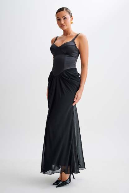 Leila Satin Corset Maxi Dress - Black-My Chic Way.All Rights Reserved