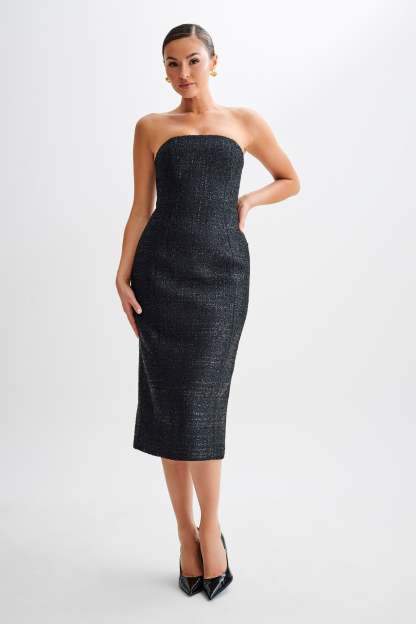 Monet Tweed Strapless Midi Dress - Black-My Chic Way.All Rights Reserved