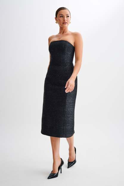 Monet Tweed Strapless Midi Dress - Black-My Chic Way.All Rights Reserved