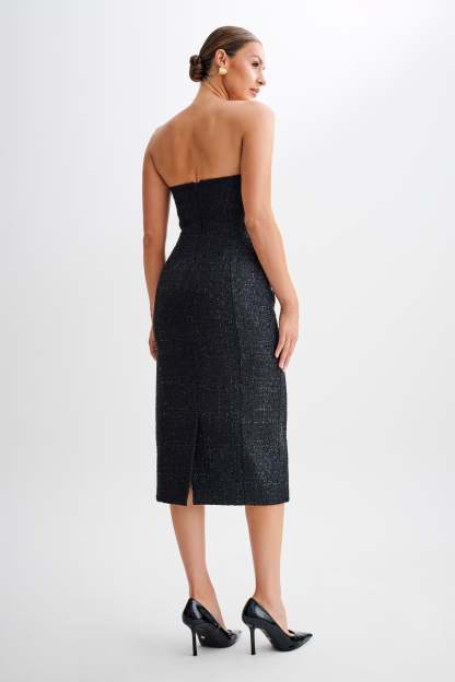 Monet Tweed Strapless Midi Dress - Black-My Chic Way.All Rights Reserved