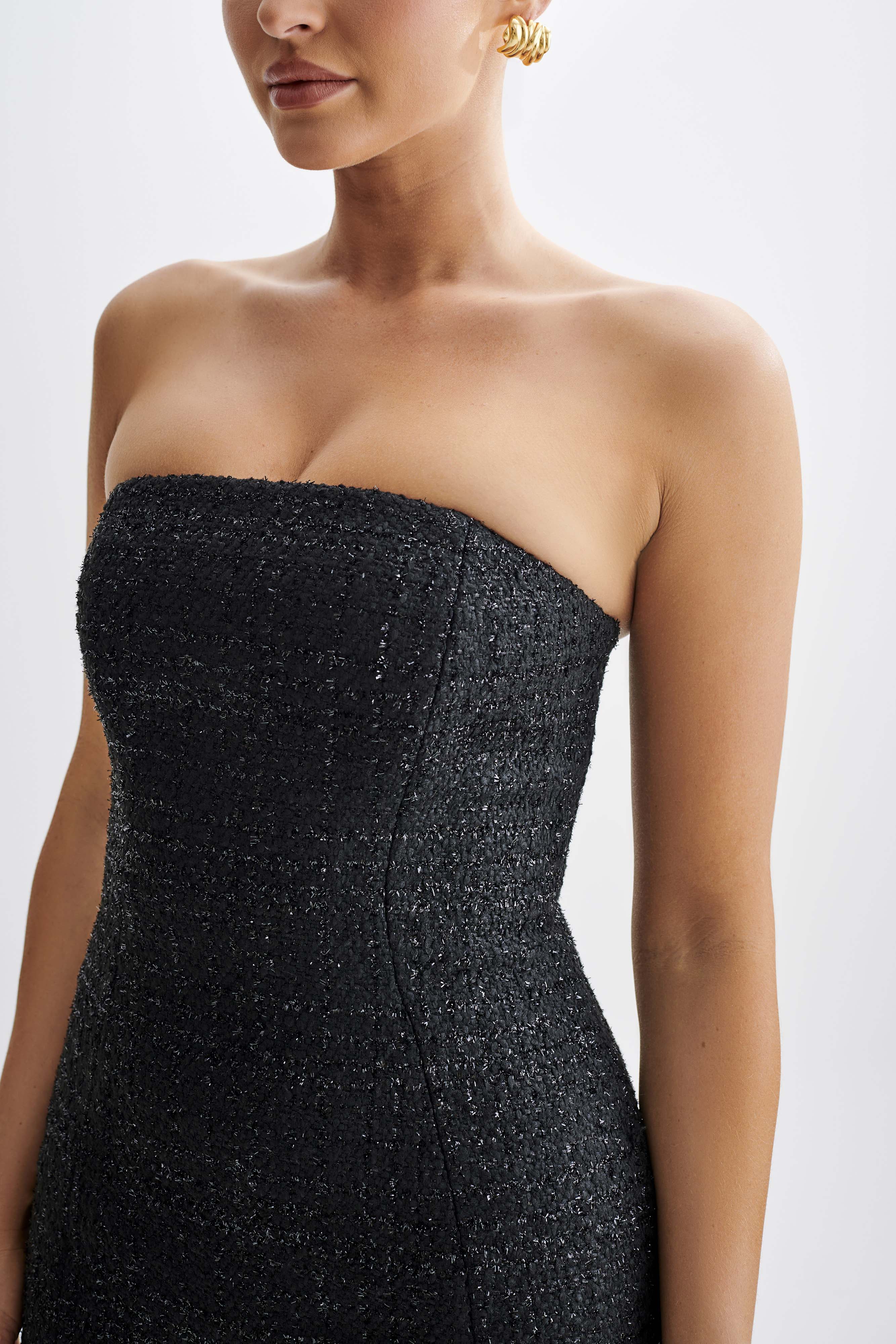 Monet Tweed Strapless Midi Dress - Black-My Chic Way.All Rights Reserved
